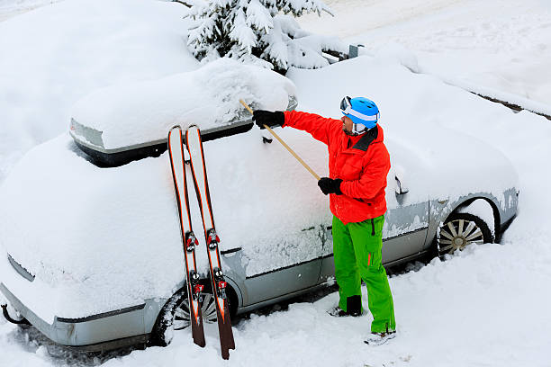 Ski, Winter, snow and car. stock photo