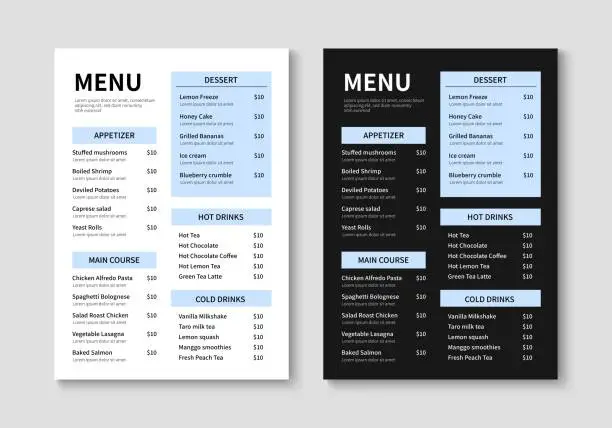 Vector illustration of Menu template for restaurant and cafe. Minimalist restaurant menu booklet design. Brochure, cover, flyer design. Vector