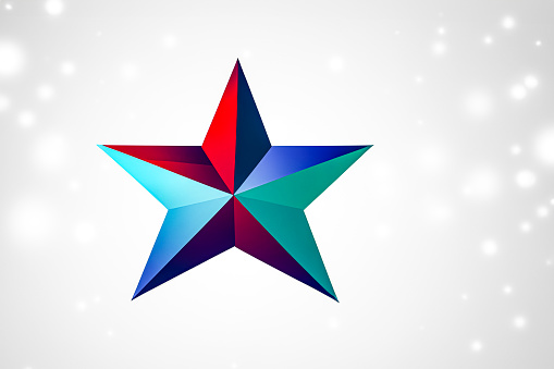Artistic abstract graphic of colorful Christmas star among snowflakes on Christmas day.