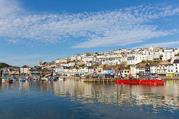istock Brixham harbour Devon with hillside and colourful boats moored 185899369