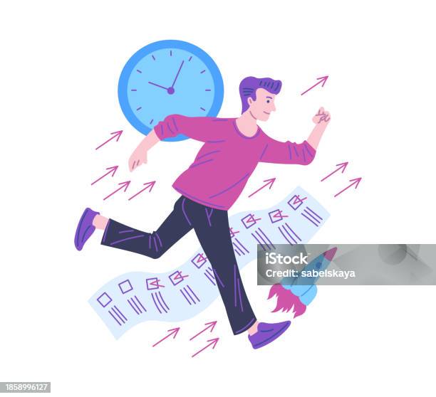Man Runs Fast Like A Rocket To Get Everything Done Vector Effective ...