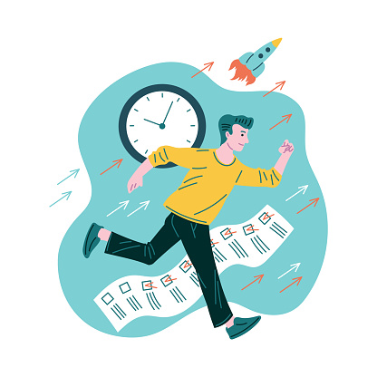 Man running to goal doing working tasks. Employee with to do list, clock and rocket. Productivity and time management business concept. Hand drawn vector illustration on abstract background.