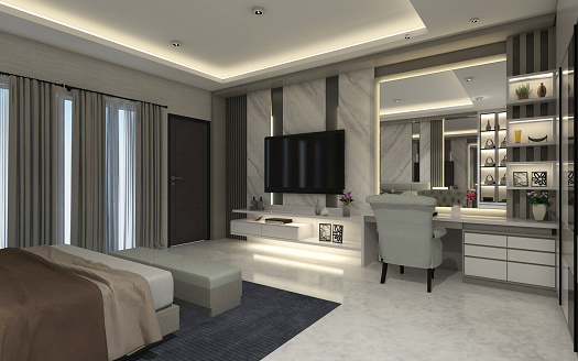 Set TV cabinet and makeup table for interior luxury master bedroom. Using marble material, mirror and lighting decoration.