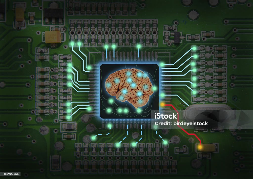 Computer chip illustration with electronic brain A circuit board with a brain at its center.  There are green glowing circuits coming from the brain and a red wire connected to a yellow light. Abstract Stock Photo