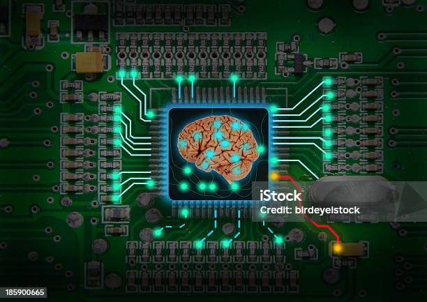 Computer Chip Illustration With Electronic Brain Stock Photo - Download Image Now - Abstract, Artificial, Backgrounds