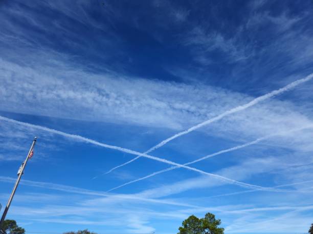 istock Multiple Jet Contrails Crossing In Blue Skies 1859009991
