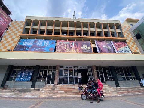 Coimbatore, Tamil Nadu, India - October 10 2023: An old single screen movie theater showing tamil films in the city of Coimbatore.