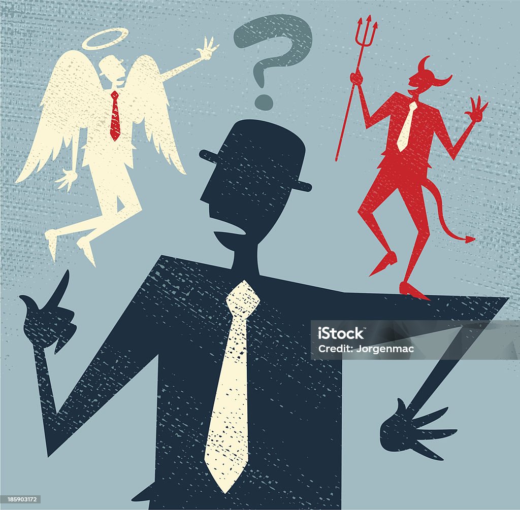 Abstract Businessman has a Moral Dilemma. Vector illustration of Retro styled Abstract Businessman caught up in a Catch-22 battle of wills with both a devil and an angel helping him to decide. Hi-res Jpeg, PNG and PDF files included. Devil stock vector