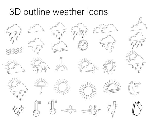 illustrations, cliparts, dessins animés et icônes de grand ensemble d’icônes de prévisions météorologiques isométriques de contour - barometer heat thermometer sun