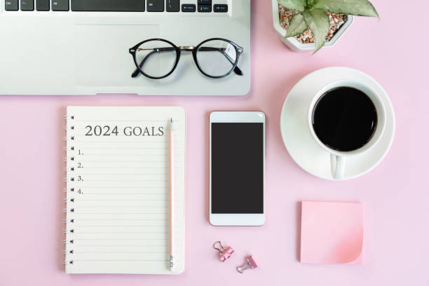 istock Flat lay of pink table in office 1859046450