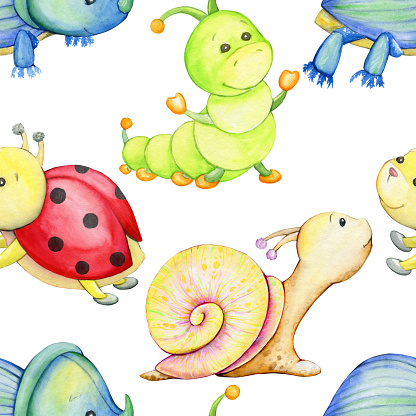 Beetle, caterpillar, snail, ladybug. Watercolor seamless pattern, on an isolated background, in a cartoon style.