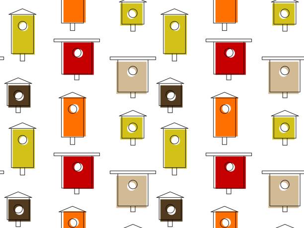 nahtloses muster mit vogelhäuschen - birdhouse wood isolated white background stock-grafiken, -clipart, -cartoons und -symbole