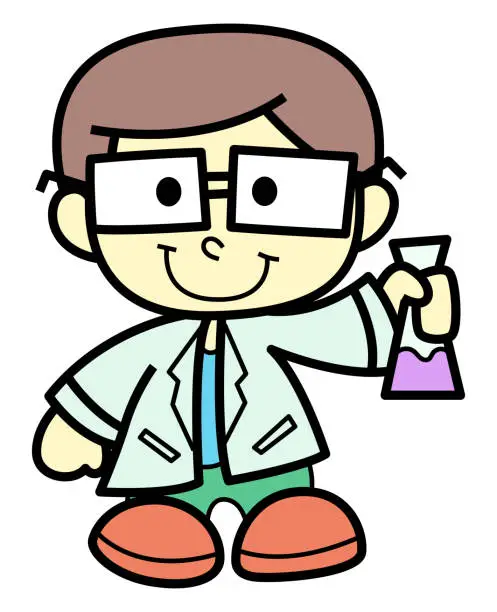 Vector illustration of Little scientist boy holding chemical bottle cartoon