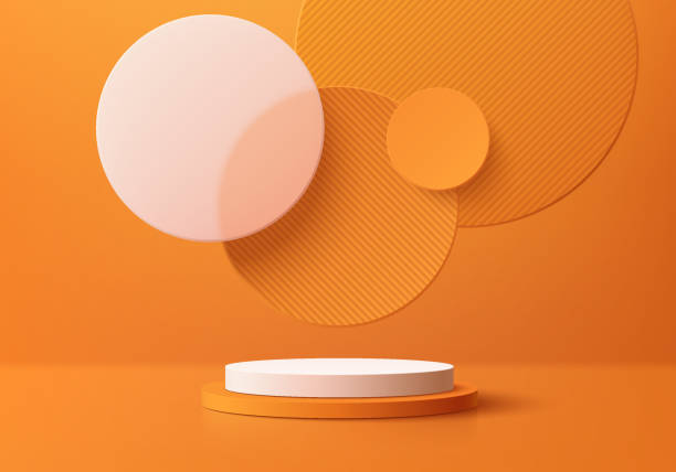 istock Realistic orange and white 3D cylinder pedestal podium with floating overlap circle background. Minimal scene for products stage showcase, promotion display. Vector geometric platform. Abstract room. 1859112907