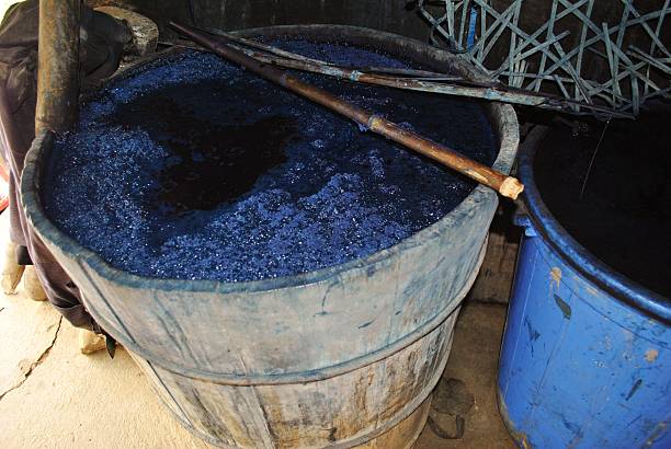 Making Indigo Dye from Strobilanthes Cusia plant Making blue Indigo Dye from Strobilanthes Cusia plant, at a village in the hills of Sapa, northern Vietnam indigo dye stock pictures, royalty-free photos & images