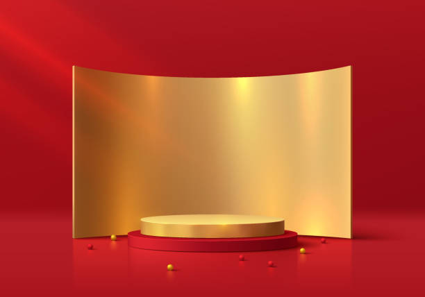 istock Red, gold cylinder podium 3D background with golden wall backdrop. Christmas or Chinese new year theme. Minimal mockup product display presentation, Stage showcase. Platforms vector geometric design. 1859118600