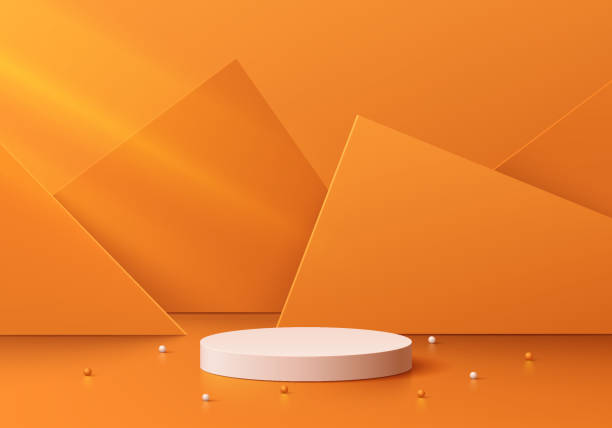 istock Realistic white 3D cylinder pedestal podium with orange triangle geometric overlap scene background. Minimal mockup or product display presentation, Stage showcase. Platforms vector geometric design. 1859125819