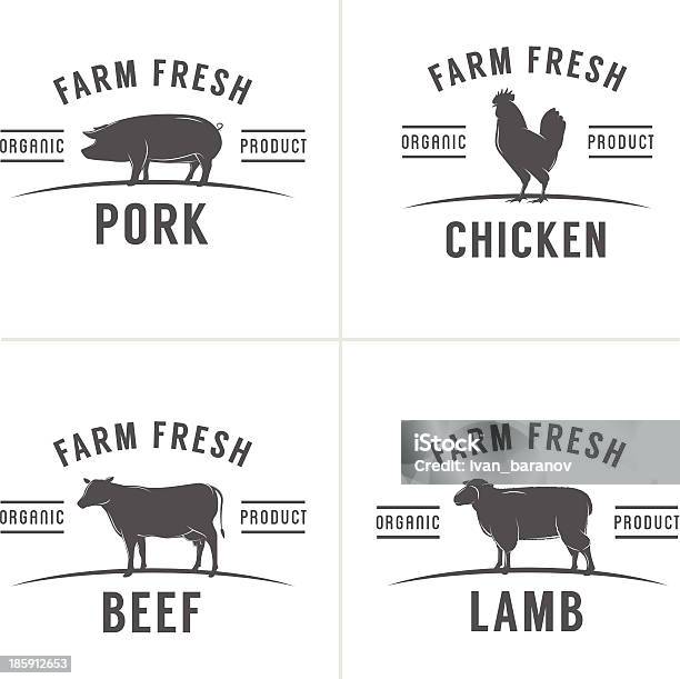 세트마다 빈티지 정육점 고기류 스탬프 및 라벨 아이콘에 대한 스톡 벡터 아트 및 기타 이미지 - 아이콘, 돼지, 닭