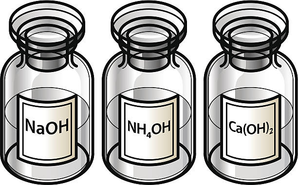 Bases A trio of bases - sodium hydroxide, ammonium hydroxide and calcium hydroxide - in clear glass reagent bottles. hydroxide stock illustrations