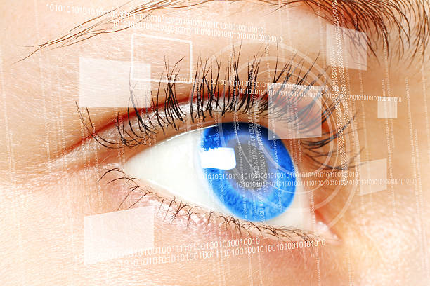 istock Woman blue eye looking at a digital virtual screen 185913585