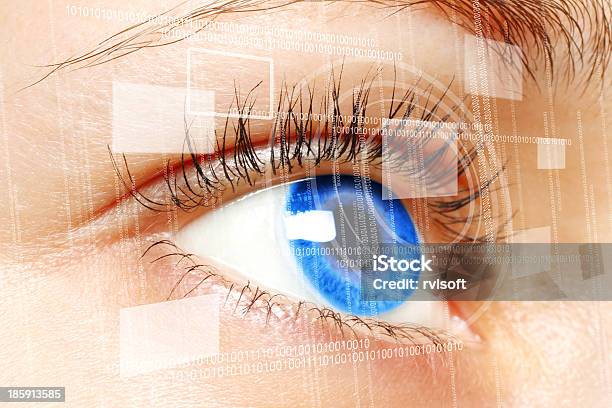 Woman Blue Eye Looking At A Digital Virtual Screen Stock Photo - Download Image Now - Eye, Futuristic, Binary Code