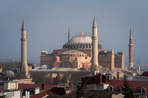 View of the Hagia Sophia Grand Mosque from the roof of the house on a sunny day, Istanbul, Turkey