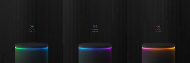 赤、緑、青の輝くネオン照明ラインと3d黒のシリンダー表彰台の背景のセット。抽象的なモックアップ製品展示プレゼンテーション。ミニマルなシーン。ステージショーケース。プラットフ� - lighting equipment green illuminated backgrounds点のイラスト素材／クリップアート素材／マンガ素材／アイコン素材