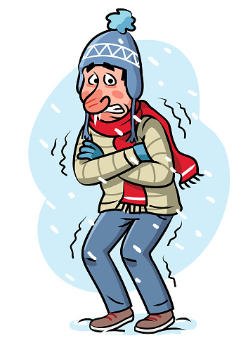 Vector illustration of a young man with a red nose wearing a hat, a scarf and a winter jacket, shivering in the snow.