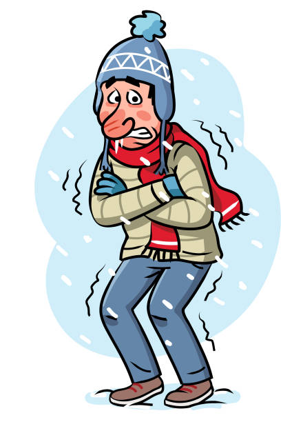 Man Shivering In Cold Winter Vector illustration of a young man with a red nose wearing a hat, a scarf and a winter jacket, shivering in the snow. icicle cartoon stock illustrations