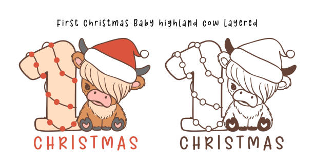 ilustrações de stock, clip art, desenhos animados e ícones de first christmas baby cow highland cartoon layered hand drawing outline - sillhoutte