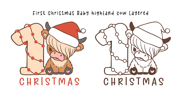 First Christmas baby cow highland cartoon layered hand drawing outline.
