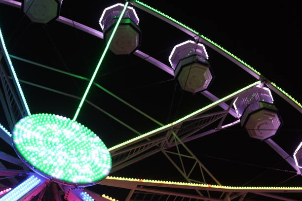 istock Close up of ferris wheel gondolas or cabins illuminated at night 1859159496