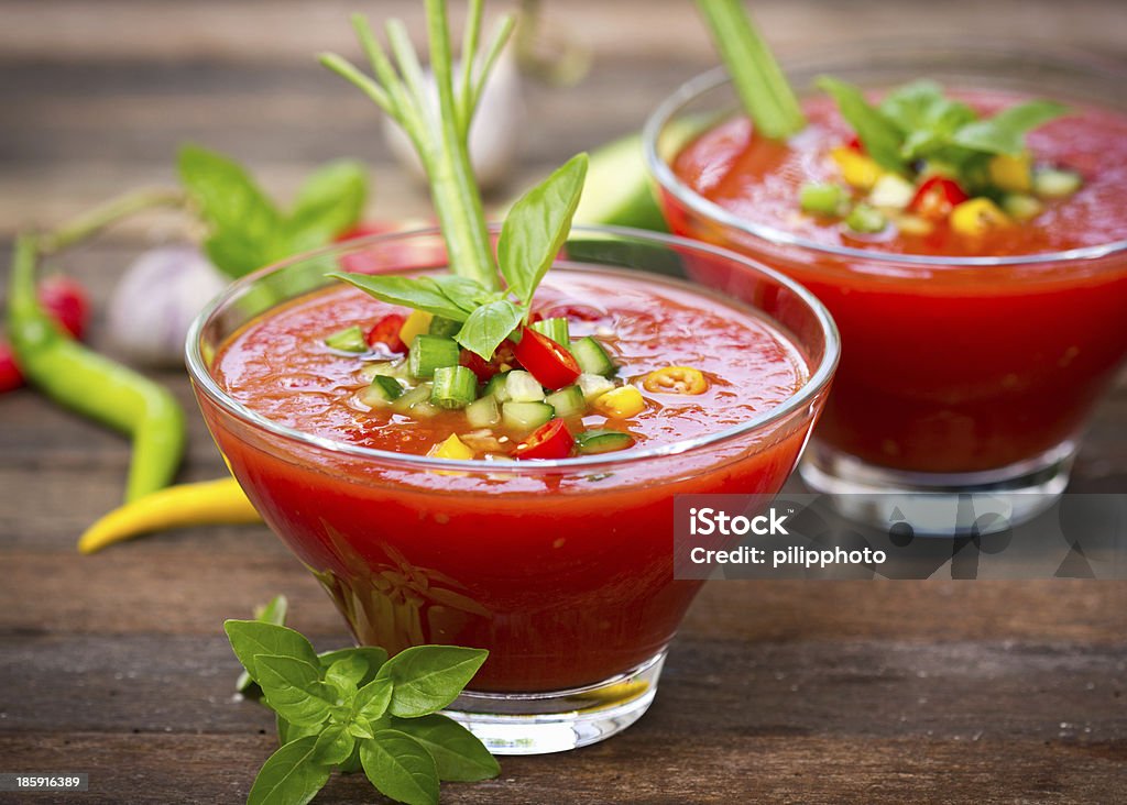 Fresh gazpacho on the table Cold Temperature Stock Photo