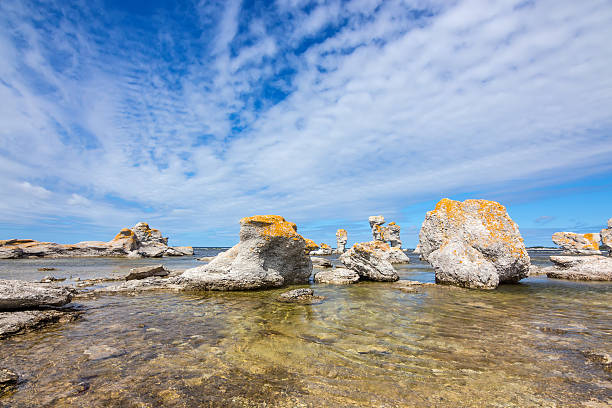 Limestone formations in Gotland, Sweden Limestone formations on Fårö island in Gotland, Sweden. These rocks are locally known as  "raukar". gotland stock pictures, royalty-free photos & images