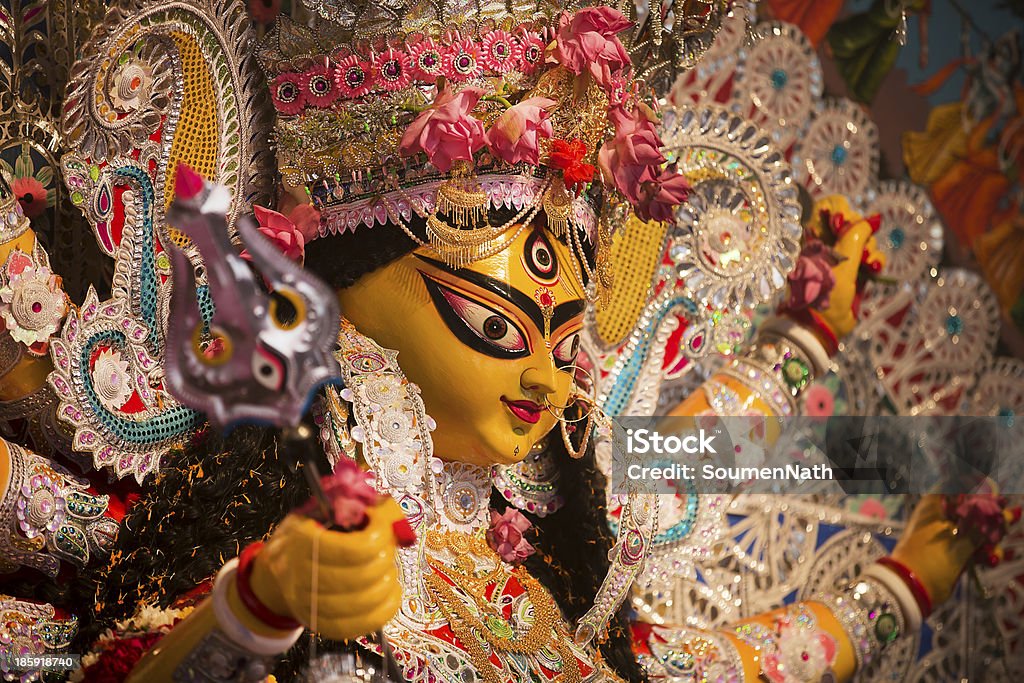 Indian Deity : Goddess during Durga Puja Celebrations. An Indian Deity : Goddess Durga. Durga Puja or worship is a yearly event and these deities are created every year and immersed in a river every year after the completion of the 5-day event. Dussehra Stock Photo