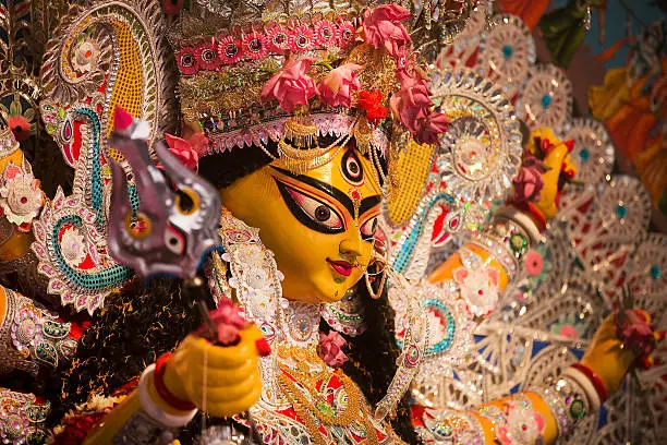 An Indian Deity : Goddess Durga. Durga Puja or worship is a yearly event and these deities are created every year and immersed in a river every year after the completion of the 5-day event.