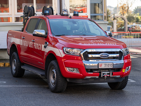 Red fire pick-up ready to provide first aid in case of emergency. Italian firefighters or Vigili del fuoco