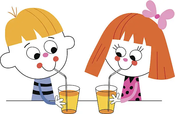 Vector illustration of little boy and girl drinking juice