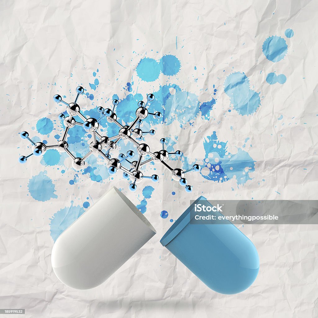 Grünen medizinische Kapsel und Molekül Struktur auf Faltig Weißbuch eine - Lizenzfrei Antibiotikum Stock-Foto