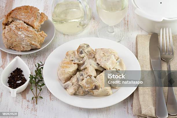 Chicken With Mushrooms And Sceams On The Plate Stock Photo - Download Image Now - Beef Stroganoff, Bread, Edible Mushroom
