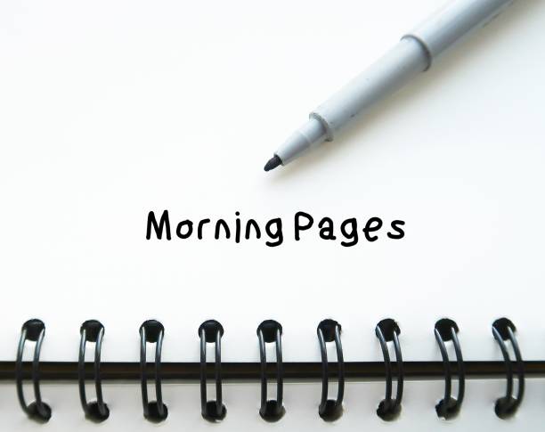 Notebook with handwritten text MORNING PAGES - write 3 pages uncensored stream of consciousness journaling habit done first thing every morning on daily basis