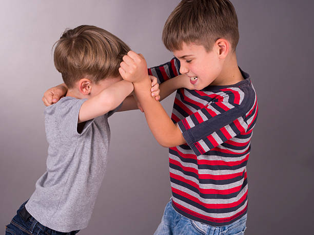 Two angry brothers fighting eachother boys are boys everwhere spar stock pictures, royalty-free photos & images