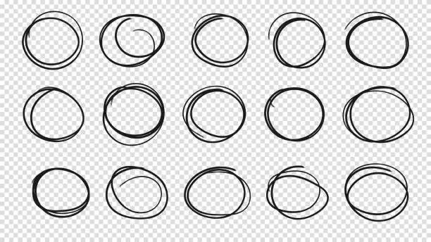 Vector illustration of Set hand drawn pencil or marker round circles line sketch set. Circular scribble doodle oval. Highlight circle frames. For message note mark design element. Vector illustration. Transparent background.