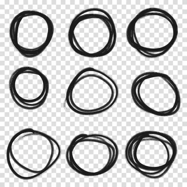 Vector illustration of Highlight circle frames. For message note mark design element. Set hand drawn pencil or marker round circles line sketch set. Circular scribble doodle oval. Vector illustration. Transparent background.