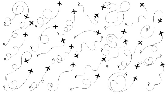 Airplane or aeroplane routes path set. Travel concept from start point and dotted line tracing. Aircraft tracking, plane path, travel, map pins, location pins. Vector illustration. Zigzag road