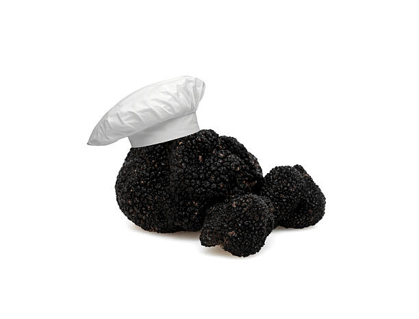 Italian Black Truffles with hat chef Italian Black Truffles - 3 Black Truffles on white background tartuffo stock pictures, royalty-free photos & images