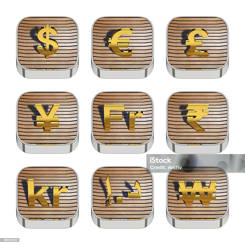 Mondo simboli di valuta in legno app icona 3d - Foto stock royalty-free di Affari