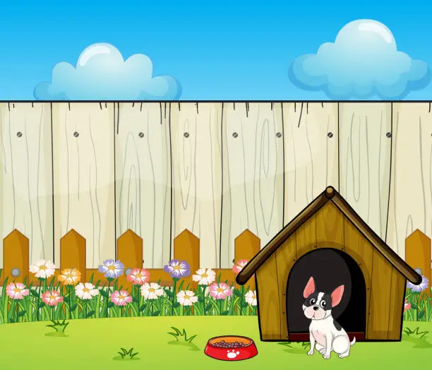 Vector illustration of puppy in front of doghouse inside the fence