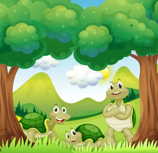 Vector illustration of Three turtles in the woods