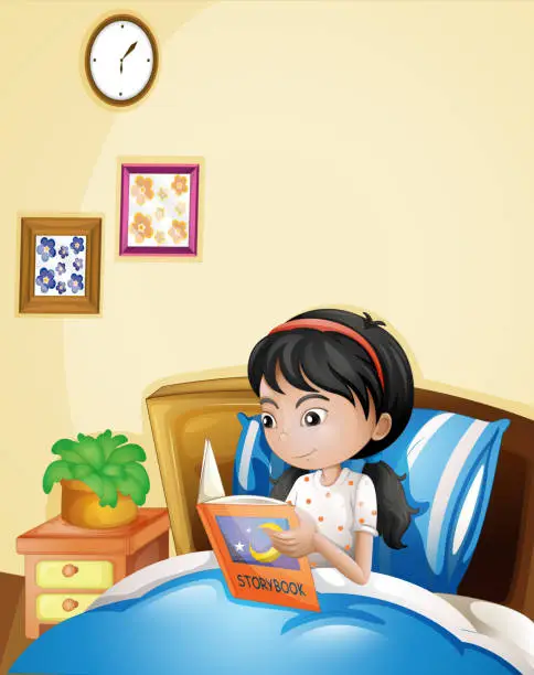 Vector illustration of young lady reading a storybook in her bed